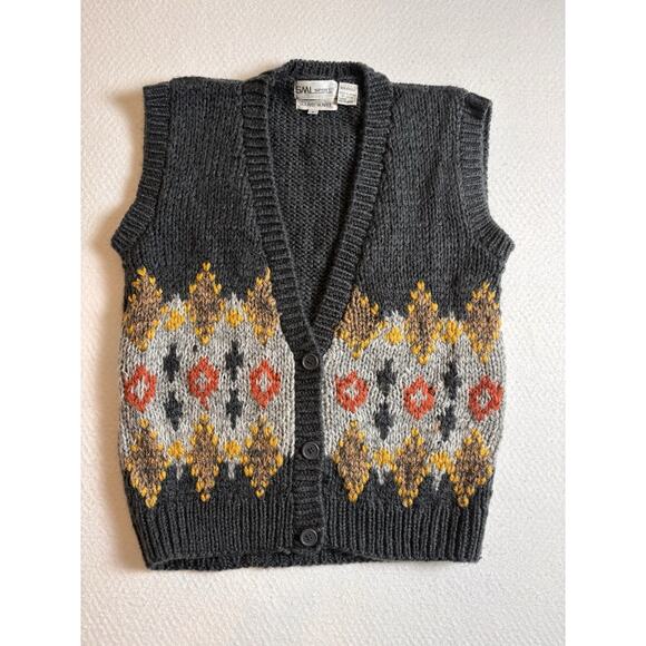 Vintage SML Sport Hand Knit Vest Gray Orange Yellow Small Wool Blend - Picture 1 of 6